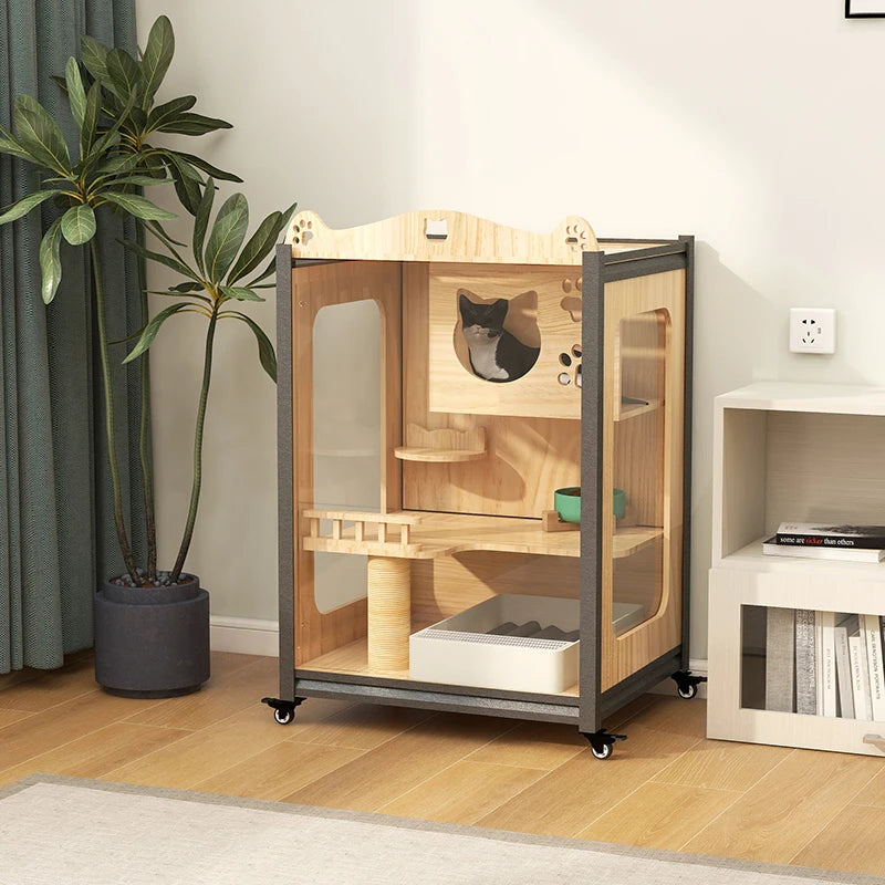 Villa de madera maciza para gatos, mueble para TV de acero y madera, espacio libre personalizado de gran tamaño para interiores, portador de mascotas, muebles para gatos de juguete, cama