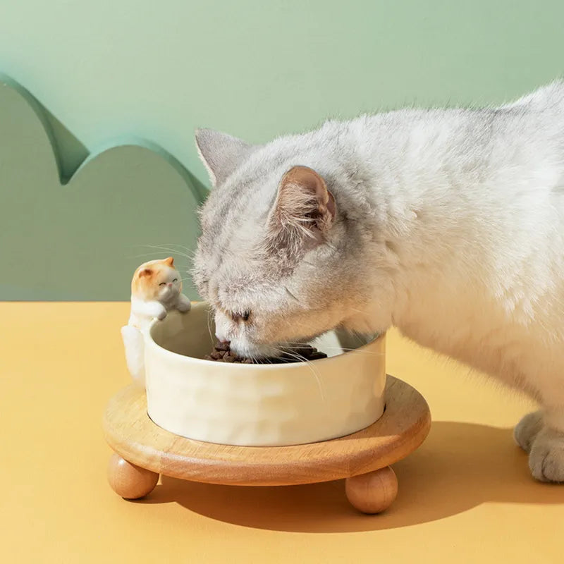 Cuencos dobles para perros de 840ml con estante de madera, comederos de agua elevados para gatos, cuencos de cerámica para beber para perros pequeños y medianos