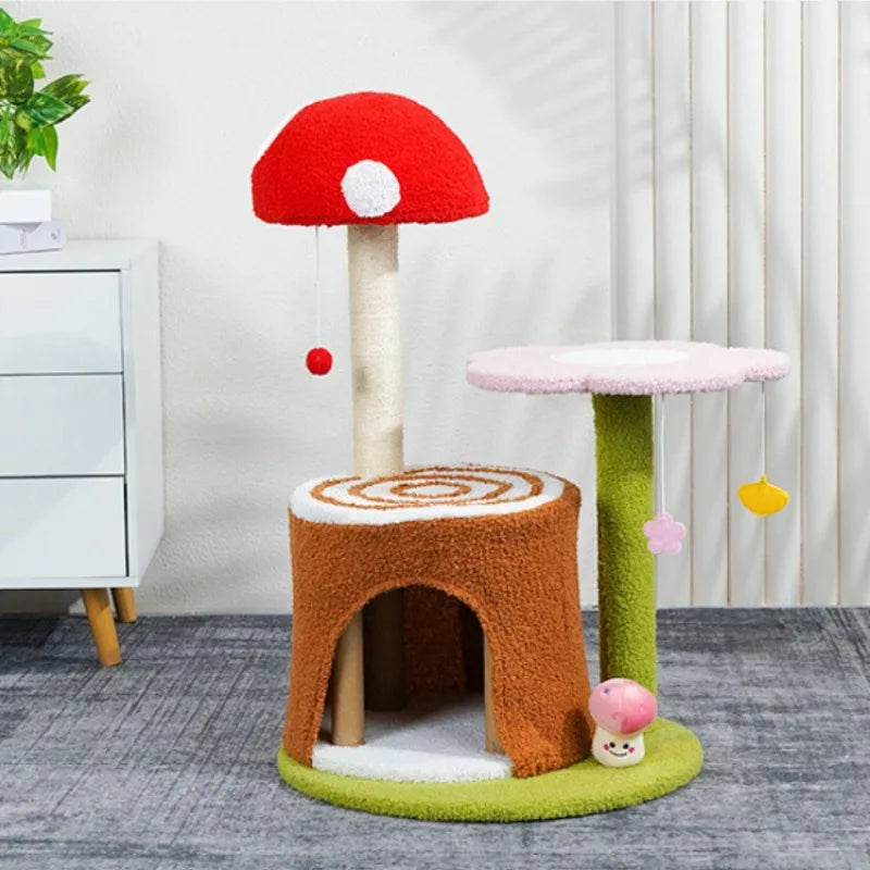 Bonito estante para garras para mascotas, árboles rascadores de sisal para gatos, condominio de flores, árbol trepador para mascotas de interior, setas, cama de juguete para Villa de lujo