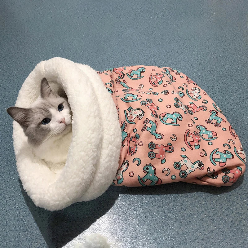 Saco de dormir de gato cálido para invierno, colcha gruesa de tacto esponjoso para mascotas, cama para gatitos y cachorros, nido suave y cómodo, suministros para mascotas