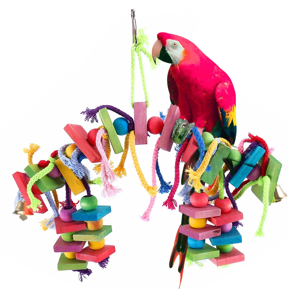 Juguete para masticar loros, cuerda de algodón y madera multicolor, juguete para pájaros, puente para morder, loro, forrajeo, cacatúas, entrenamiento, columpios colgantes