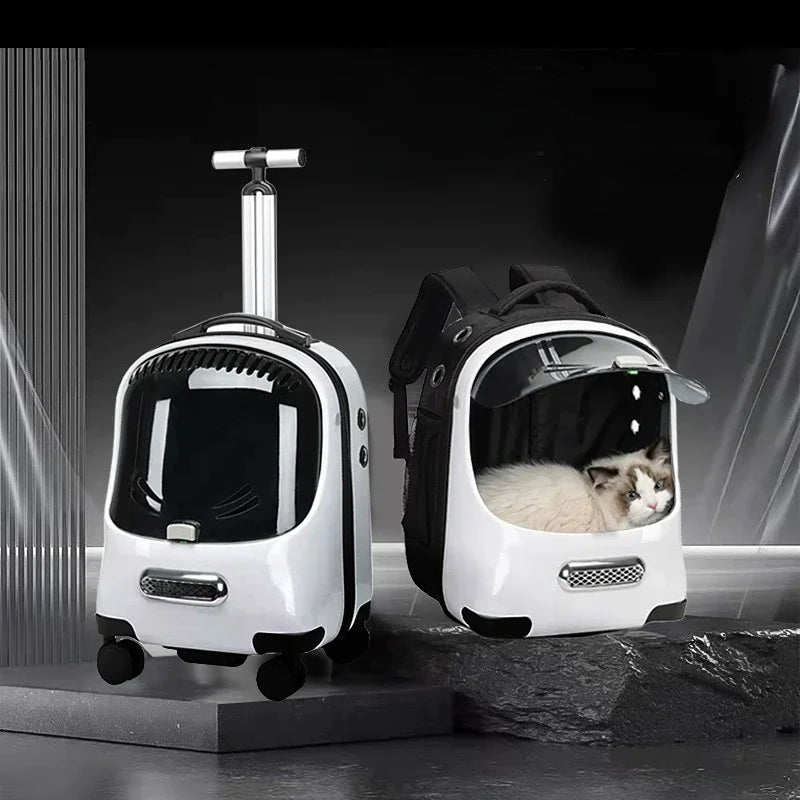 Cómodo transportador de viaje para gato, mochila con ventana transparente para gato, barra de tracción, hombro, cesta para gato, carrito para mascota de gran espacio