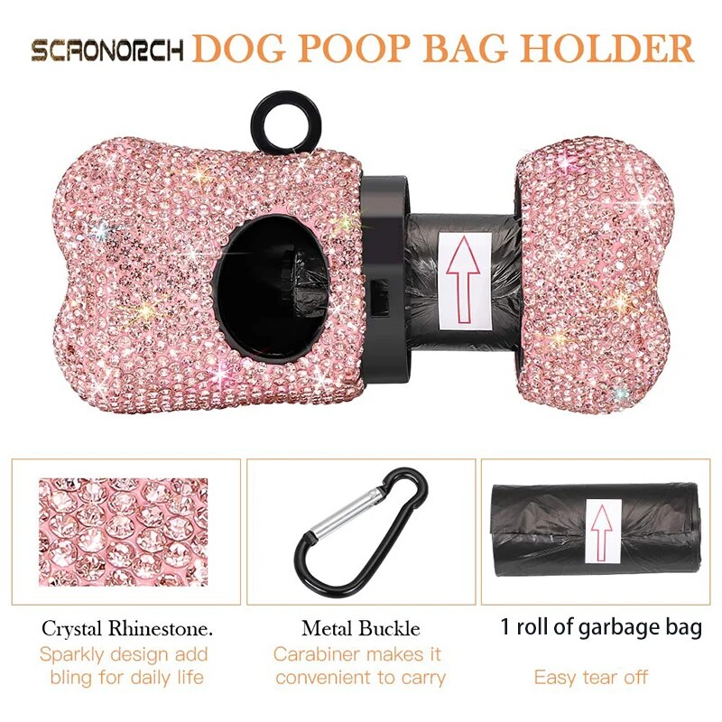 Soporte para excrementos de perro con diamantes brillantes, dispensador portátil de excrementos para mascotas, accesorios de limpieza para gatos con hebilla de metal, artículos para animales