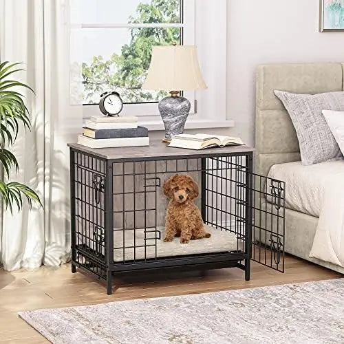 Muebles para jaulas, mesa auxiliar de madera para jaulas para perros de 31,5", muebles para perros con bandeja extraíble, perrera interior para perros, cama para accesorios para perros con puerta doble