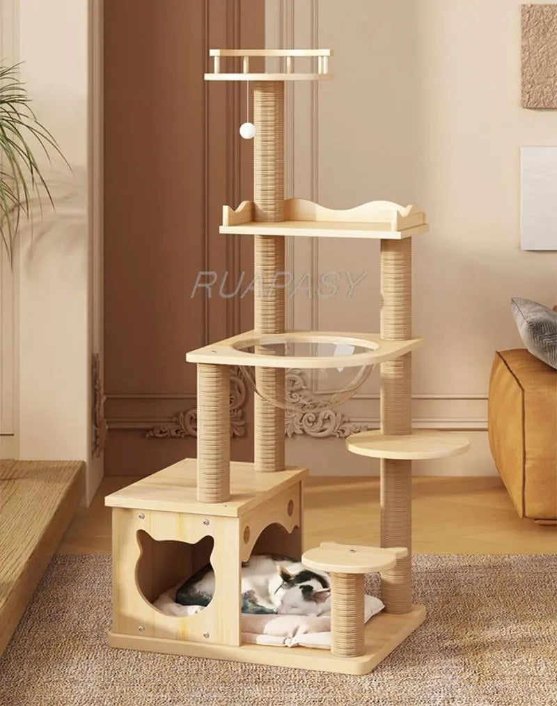 Grand arbre à chat à plusieurs niveaux, étagère d'escalade en bois, capsule spatiale, Post Condo, arbre à chat en sisal, plate-forme de saut à gratter, tour de perchoir, lit jouet