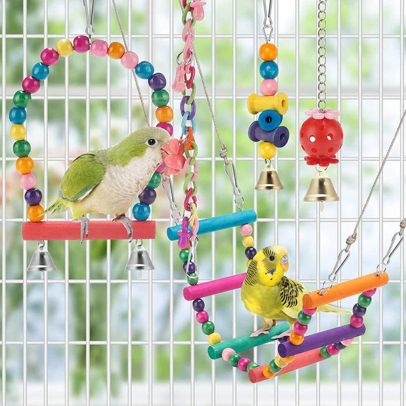 Bird Cage Toys for Parrots Wood Birds Swing Reliable Chewable Bite Bridge Wooden Beads Shape Parrot Toy 11pcs Bird Toys