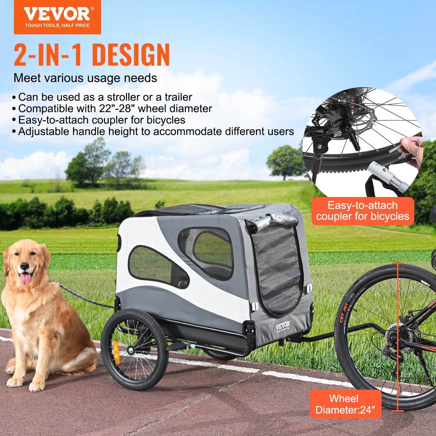 VEVOR 100lbs Dog Bike Trailer 2-in-1 Pet Stroller Cart Bicycle Carrier Folding Cart Frame with Wheels Reflectors Flag for Dogs