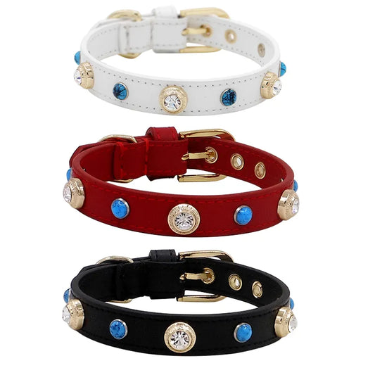 Collar de lujo para perros y mascotas, accesorios para collares de gatos, estilo de moda, diamantes de imitación brillantes, diseñador personalizado, cuero azul turquesa genuino