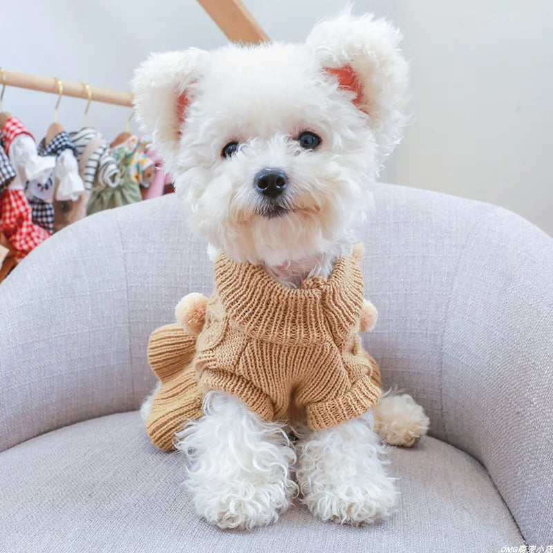 1PC Pet Apparel Dog Autumn and Winter Thickened Warm Pink Coffee Ball Knit Pullover Sweater Dress For Small Medium Dogs