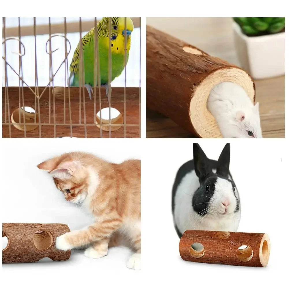 Hamster Natural Wooden Tunnels Tubes Bite-resistant Hideout Tunnel Molar Toy For Indoor Cats Dogs Accessories