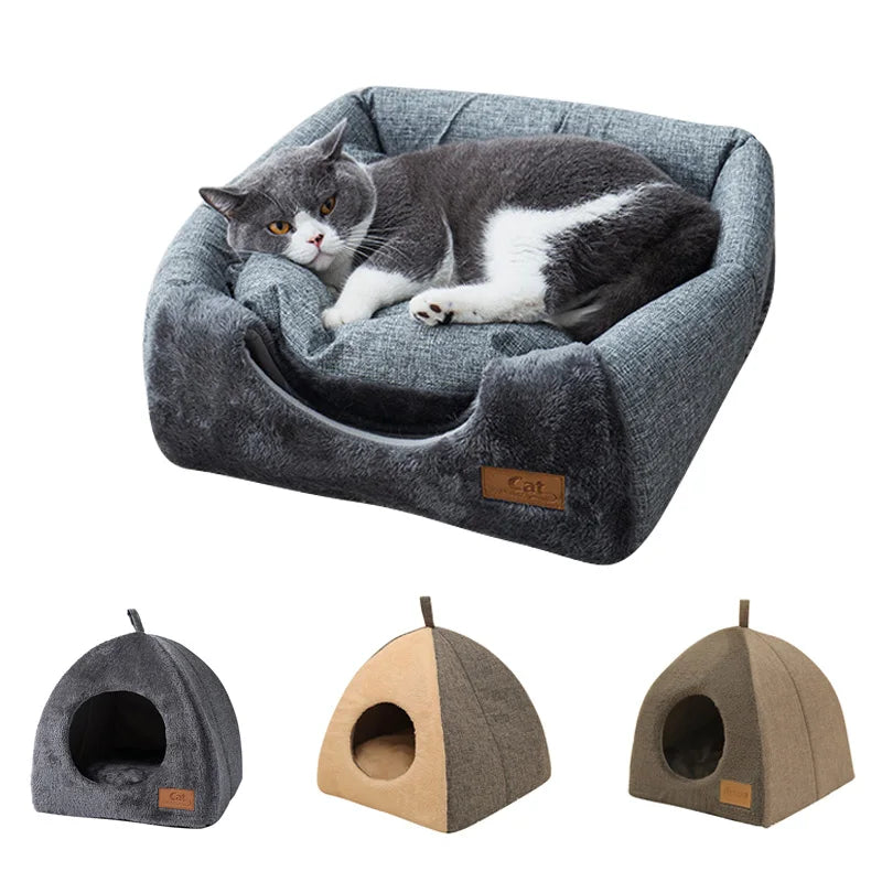 Soft Cat Bed Foldable Kitten House Semi-enclosed Indoor Cats Cave Warm Kennel for Small Dogs Cats Deep Sleep Pets Accessories