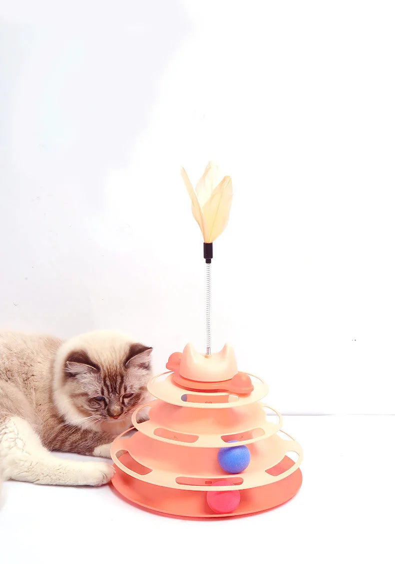 Torre interactiva de juguete para gatos, tocadiscos, bolas, juguetes, rompecabezas, pista, entrenamiento de mascotas con suministros de plumas