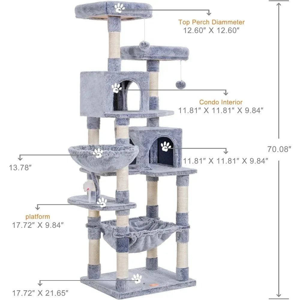 Arbre pour chats, hamac confortable et poteaux à gratter en sisal, tour à chat de 70 pouces de haut, avec jouet pour grands chats d'intérieur, produits pour animaux de compagnie