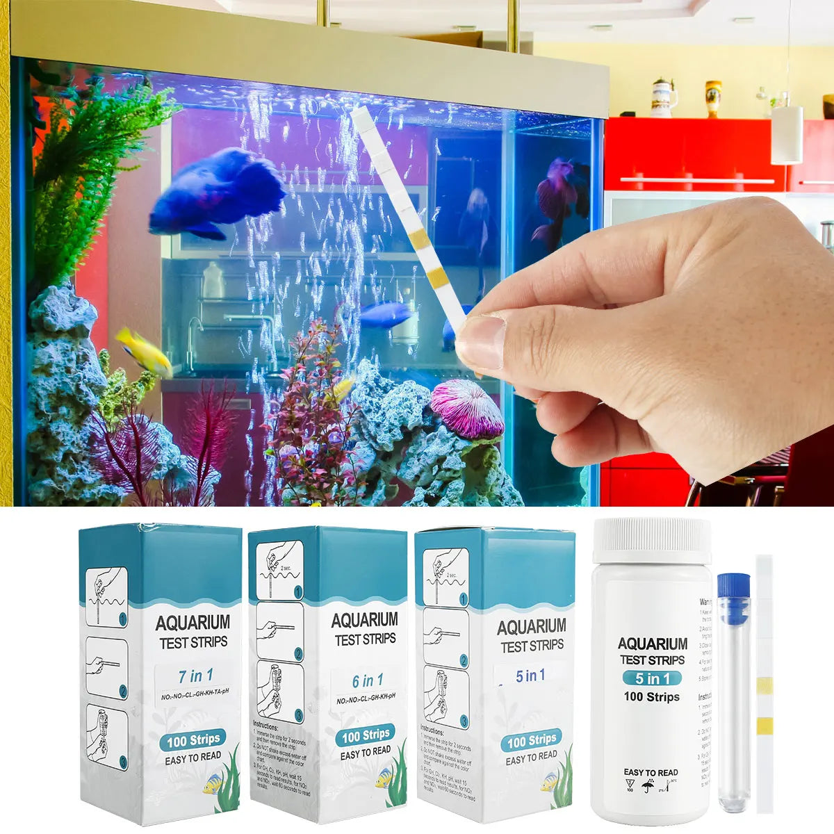 100Pcs Aquarium Test Strips Water Quality Test Strip 7in1 Fish Tank Test Kit Freshwater Saltwater Aquarium Water pH Test Strips