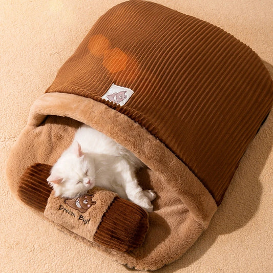 Nouveau lit pour chat hiver amovible chaud demi fermé sac de couchage pour animaux de compagnie lit pour chien maison chats nid coussin avec oreiller