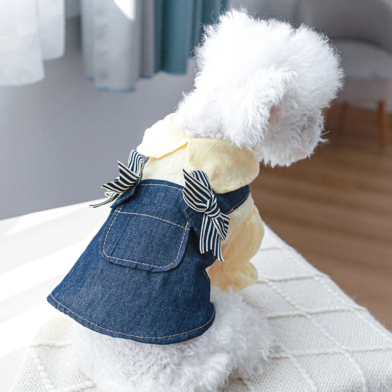 Vêtements pour animaux de compagnie, 1 pièce, robe de princesse en Denim jaune fin avec bretelles à nœud, adaptée aux chiens de petite et moyenne taille, printemps/été/automne