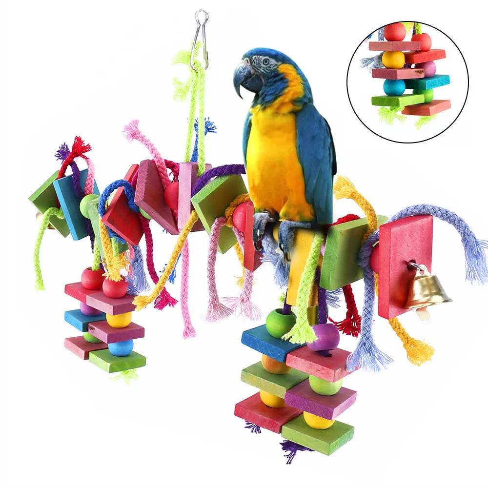 Juguete para masticar loros, cuerda de algodón y madera multicolor, juguete para pájaros, puente para morder, loro, forrajeo, cacatúas, entrenamiento, columpios colgantes