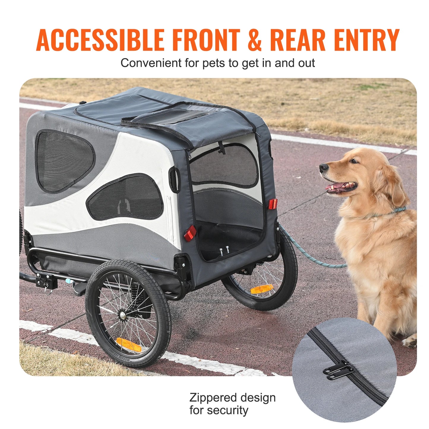 VEVOR 100lbs Dog Bike Trailer 2-in-1 Pet Stroller Cart Bicycle Carrier Folding Cart Frame with Wheels Reflectors Flag for Dogs