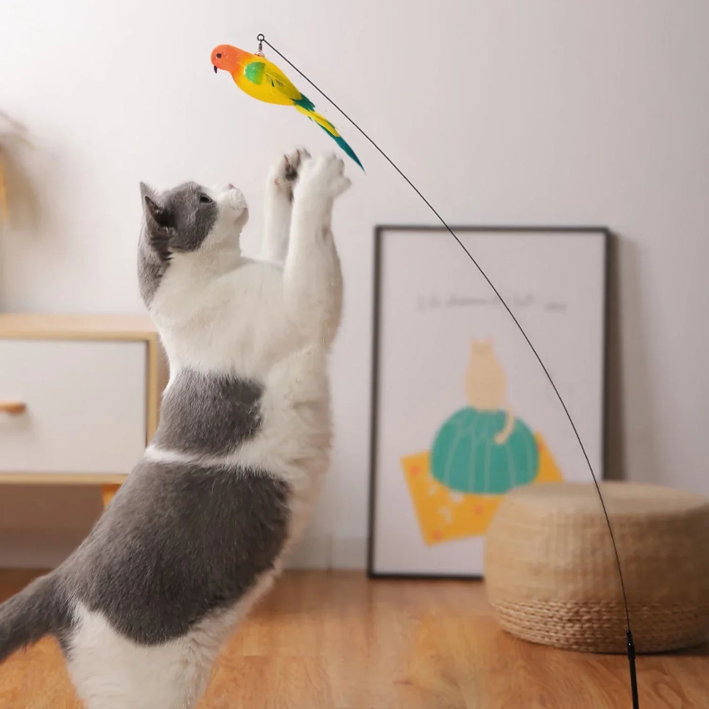 Jouet interactif pour chat, Simulation drôle de plume d'oiseau avec cloche, bâton de chat, jouet pour chaton, baguette Teaser, jouet, fournitures pour animaux de compagnie