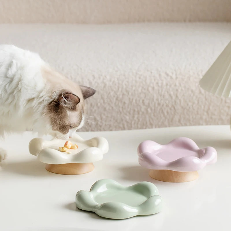 Bol en céramique pour chat, petit animal de compagnie, mangeoires surélevées pour nourriture et eau, chiot, chien, assiette à boire avec support en bois