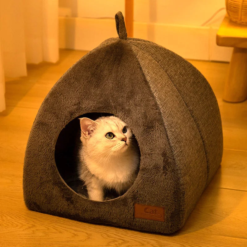 Soft Cat Bed Foldable Kitten House Semi-enclosed Indoor Cats Cave Warm Kennel for Small Dogs Cats Deep Sleep Pets Accessories