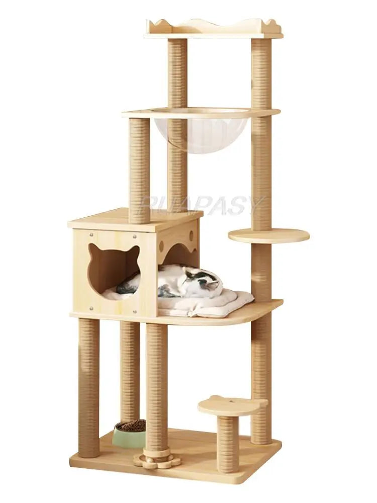 Grand arbre à chat à plusieurs niveaux, étagère d'escalade en bois, capsule spatiale, Post Condo, arbre à chat en sisal, plate-forme de saut à gratter, tour de perchoir, lit jouet