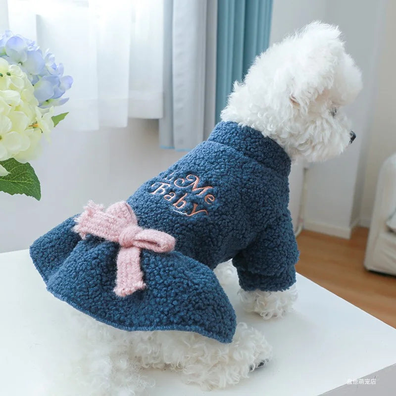 Vêtements pour animaux de compagnie, 1 pièce, automne et hiver, peluche épaisse, avec nœud bleu chaud, robe de princesse, adaptée aux chiens de petite et moyenne taille