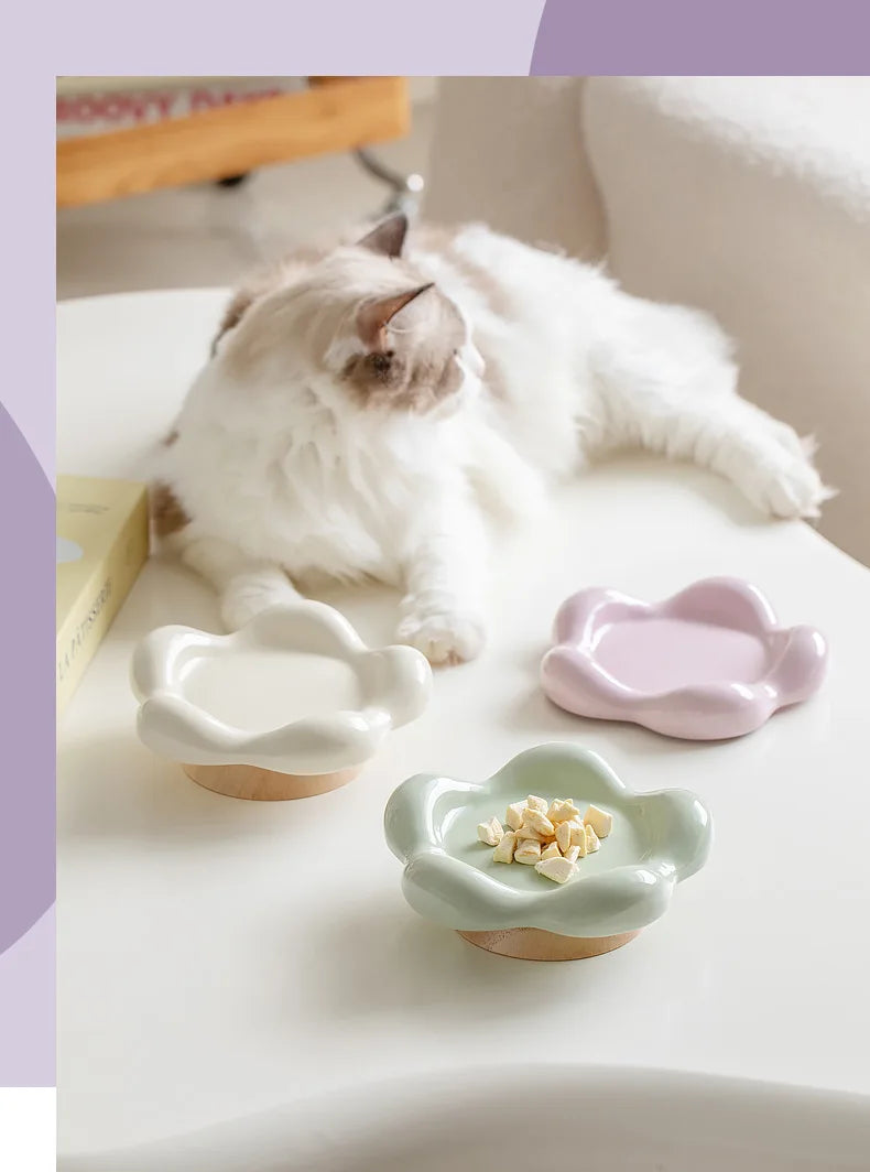 Bol en céramique pour chat, petit animal de compagnie, mangeoires surélevées pour nourriture et eau, chiot, chien, assiette à boire avec support en bois