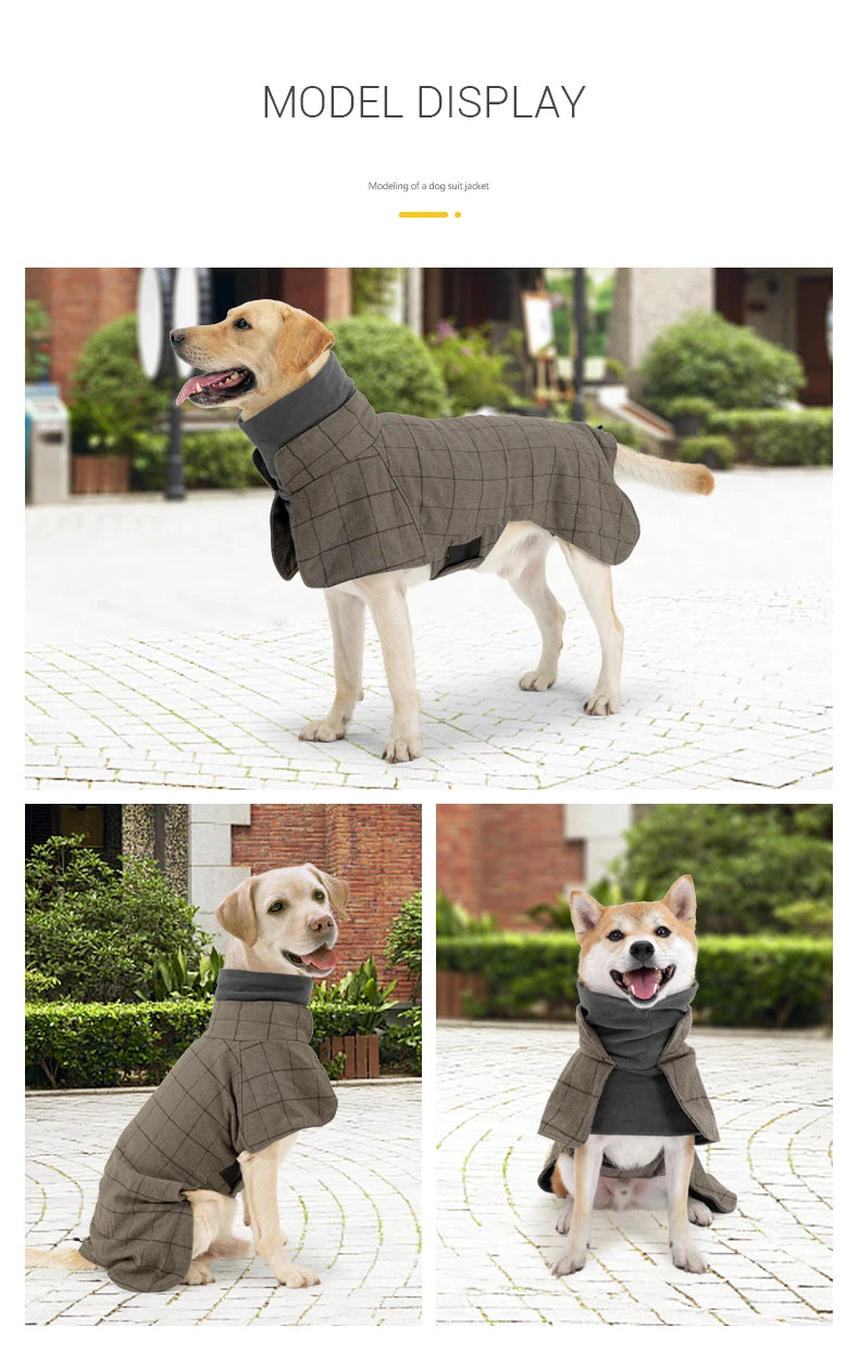 Windproof Plaid Dog Jacket for Male Dogs British Style Autumn Winter Warm Dog Coat Fleece-Lined Adjustable Holiday Formal Dress Fashion Style