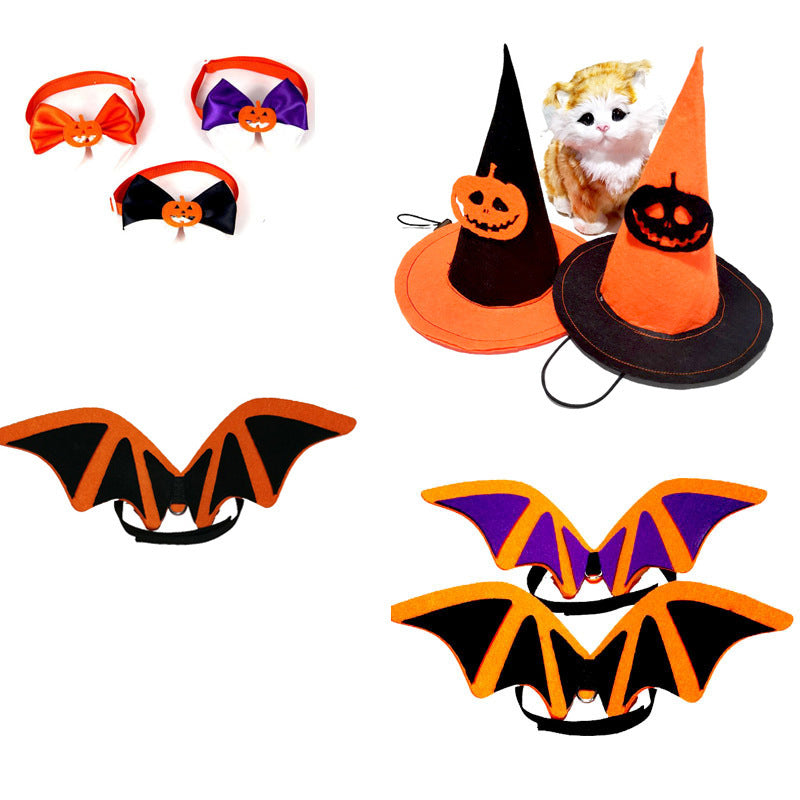 Disfraz de Halloween para mascota, alas de murciélago, pajarita, sombrero, accesorios