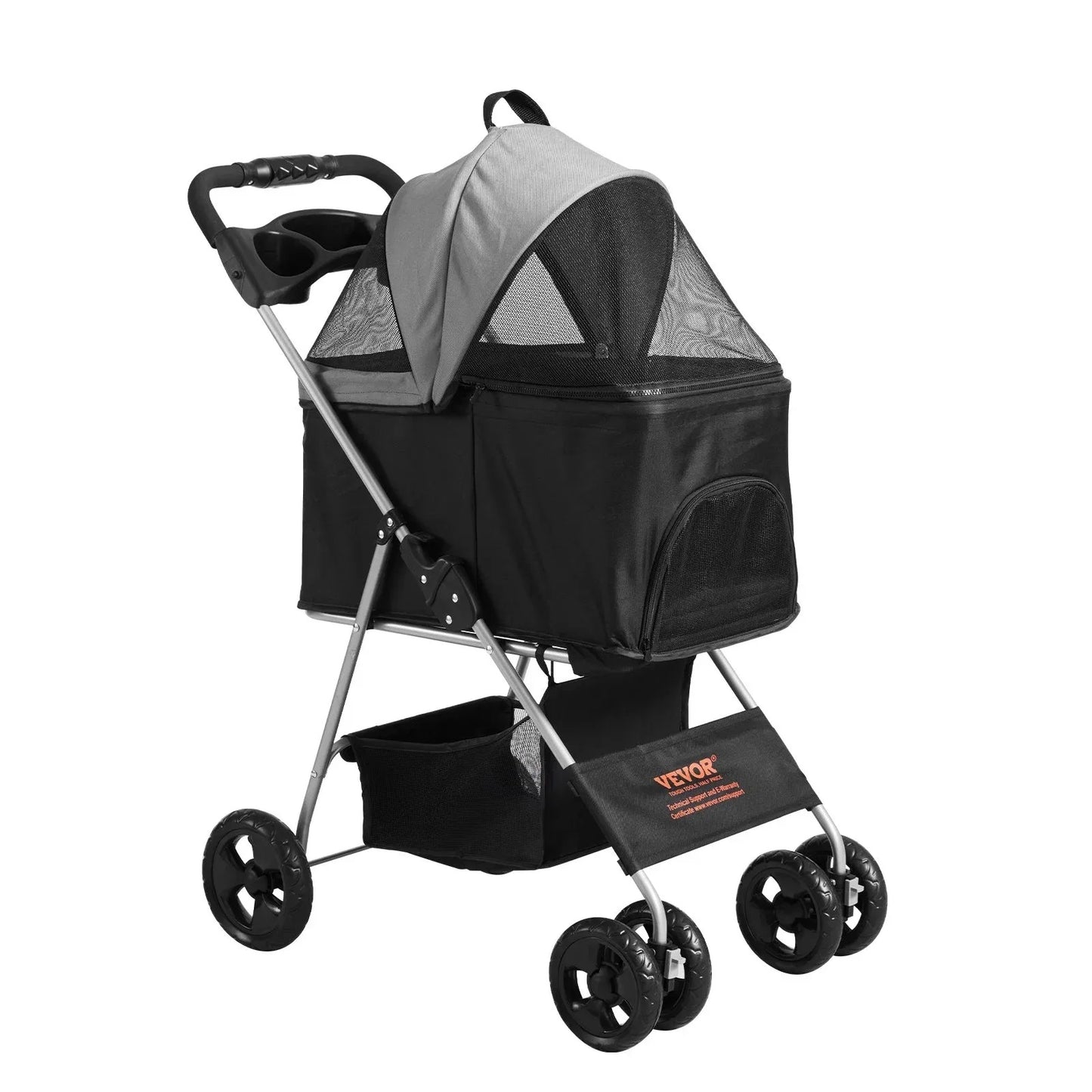 VEVOR Pet Stroller, A Four-wheeled Rotating Dog Stroller With A Brake, Has A Weight Capacity Of 35 Pounds. It Comes With A Detachable Tray, Storage Basket, And Cup Holder, Suitable For Travel With Dog