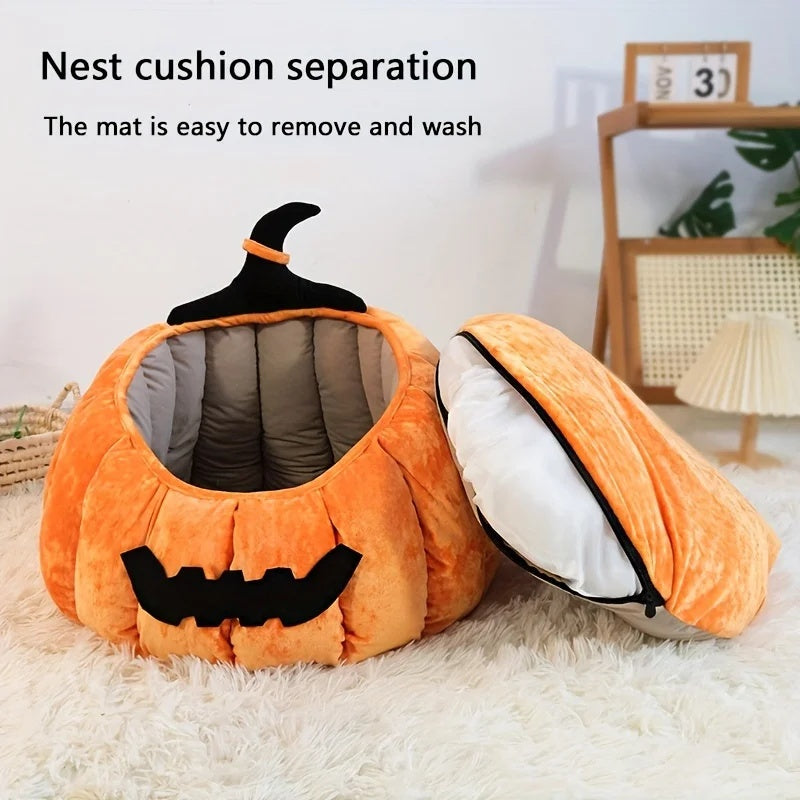 Cama para gatos acogedora con forma de calabaza de Halloween, cálida cama para mascotas con diseño de diablo de dibujos animados, nido de felpa suave para gatos y perros pequeños, para invierno y otoño 