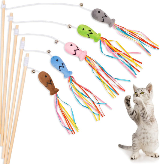 Cat Wand Toys Interactive Cat Toys With Catnip Fish Colorful Ribbons Bell For Kitty Kitten Cat Toys For Indoor Cats Cat Teaser Cat String Toy Cat Accessories