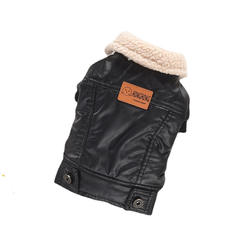 Two-legged PU Pet Leather Coat Autumn And Winter Fleece-lined Warm