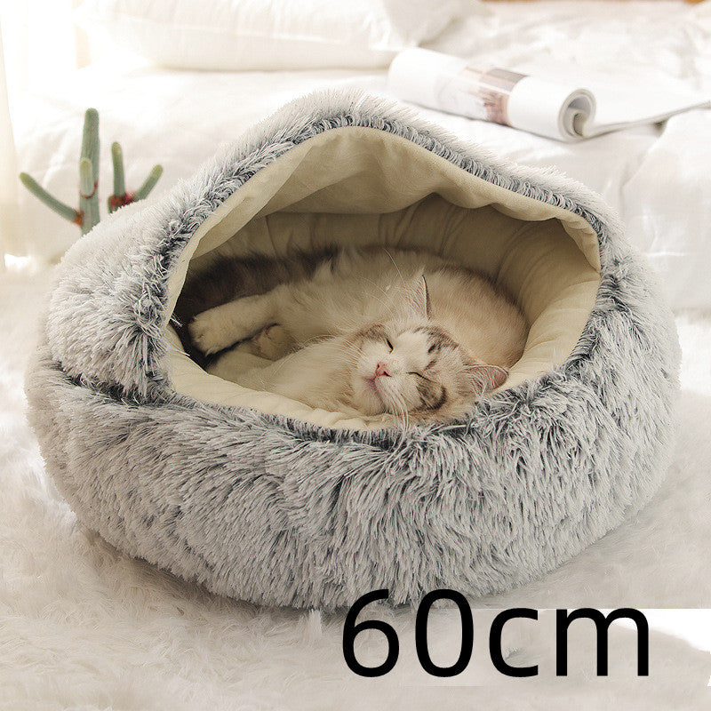 Lit d'hiver 2 en 1 pour chien et chat, lit rond en peluche chaud, maison douce et longue en peluche pour animaux de compagnie