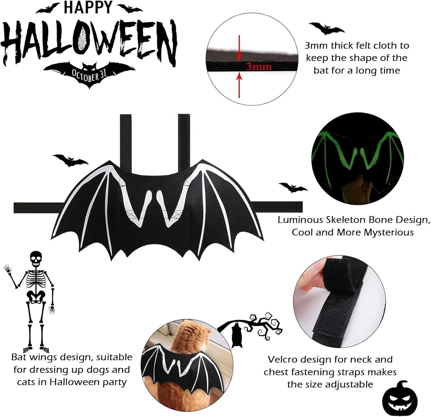 Disfraces de Halloween para perros Disfraz de murciélago para perros Esqueleto luminoso fresco Hueso Alas de murciélago Disfraces de cosplay para mascotas Ropa de vestir para perros y gatos pequeños, medianos y grandes