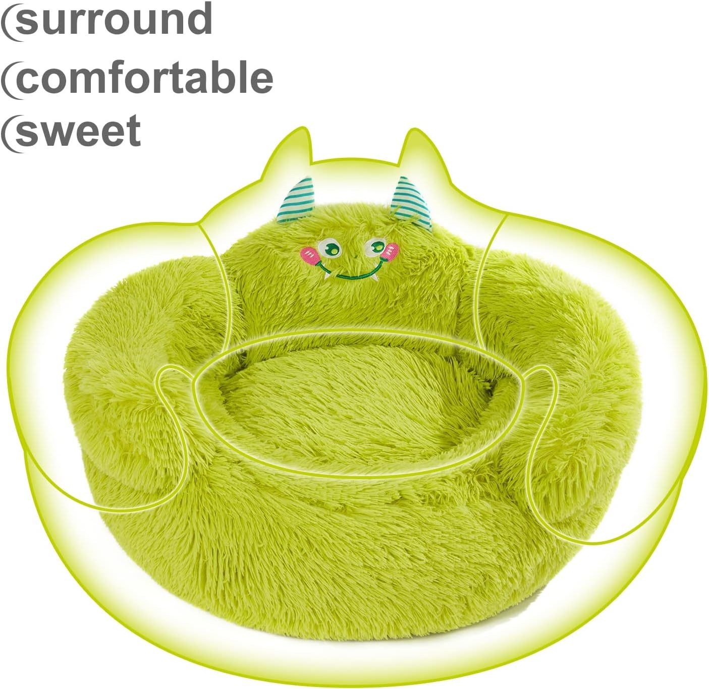 Bonita cama relajante para perros y gatos, para interiores, con cojín alto, tipo donut, cómoda y afelpada, ideal para perros y gatos pequeños, con dibujos animados, suave, color verde