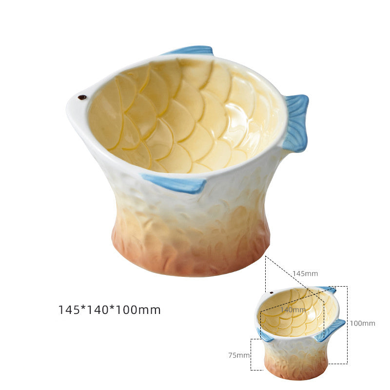 Comedero de cerámica para gatos con forma de pez, cuencos elevados, poco profundos, en ángulo, antideslizantes, cuenco antifatiga para bigotes, comedero inclinado para mascotas