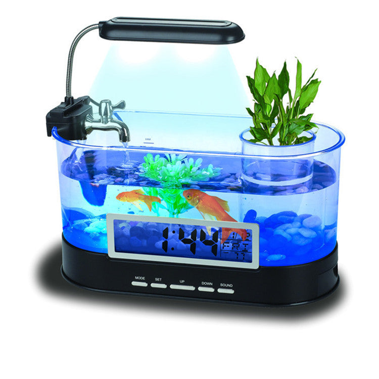 Mini Aquarium de bureau USB, heure, Date, semaine, alarme de température, porte-stylo Transparent