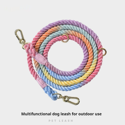 Woven Rainbow Running Dog Leash Multi-functional Hand Holding Rope Double Head