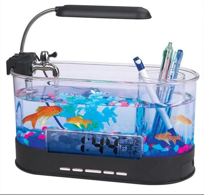 Mini Aquarium de bureau USB, heure, Date, semaine, alarme de température, porte-stylo Transparent