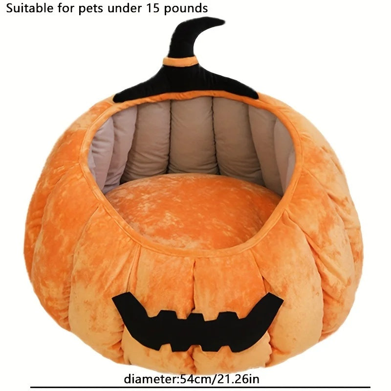 Cama para gatos acogedora con forma de calabaza de Halloween, cálida cama para mascotas con diseño de diablo de dibujos animados, nido de felpa suave para gatos y perros pequeños, para invierno y otoño 