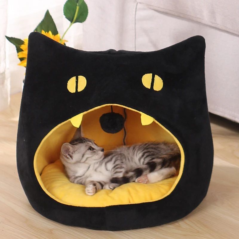 Cama suave y cálida para gatos, diseño con forma de gato, caseta para mascotas, cama acogedora para perros pequeños, canasta para gatitos para decoración de Halloween