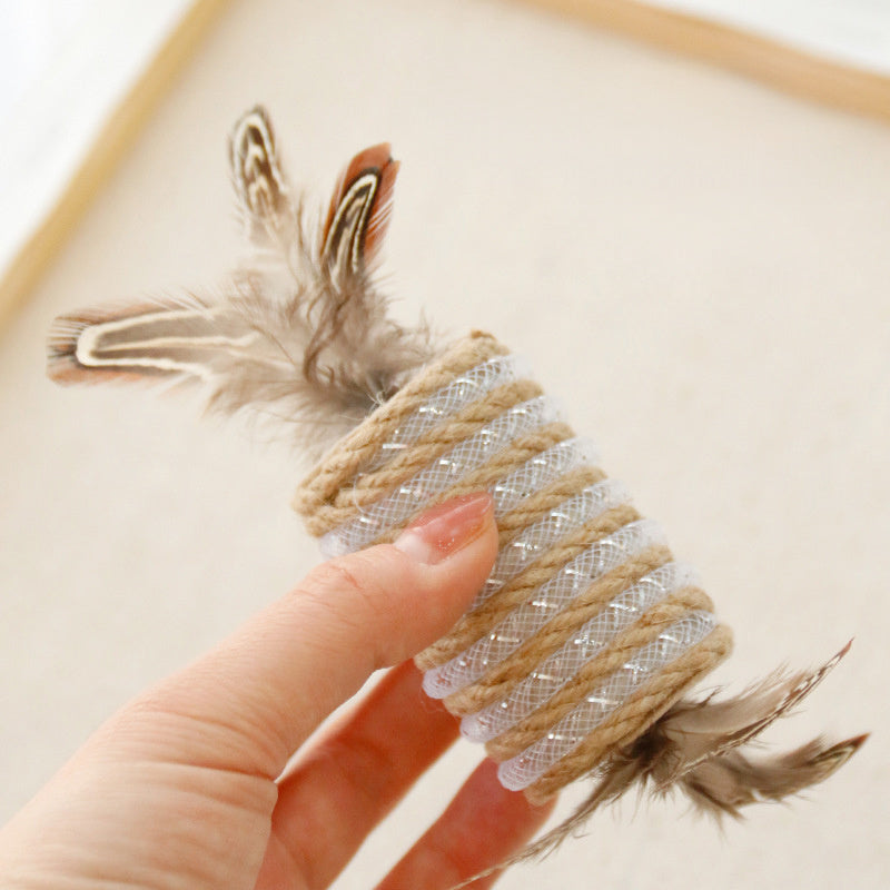 Toy With Cat Feathers Hemp Rope For Scratching Self-grinding Claw Sound Roller For Pets Bite Resistant Toy