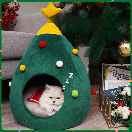 Nido navideño para gatos y perros, cálido y cómodo, cama de peluche para mascotas, forma de cueva, nido para gatos con forma de árbol, desmontable y lavable, suministros para mascotas