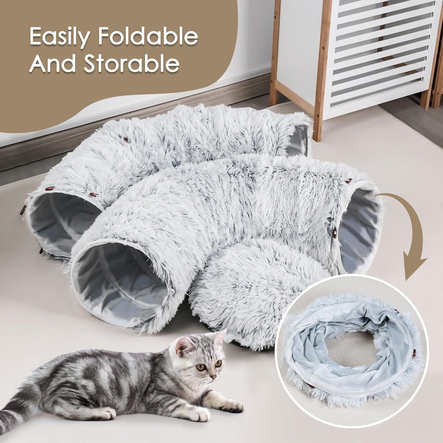 Lit tunnel pour chat pour chats d'intérieur Peekaboo Cat Cave avec tapis de jeu doux lavable Tube en fourrure pour chat pour chaton chiot lapin gris