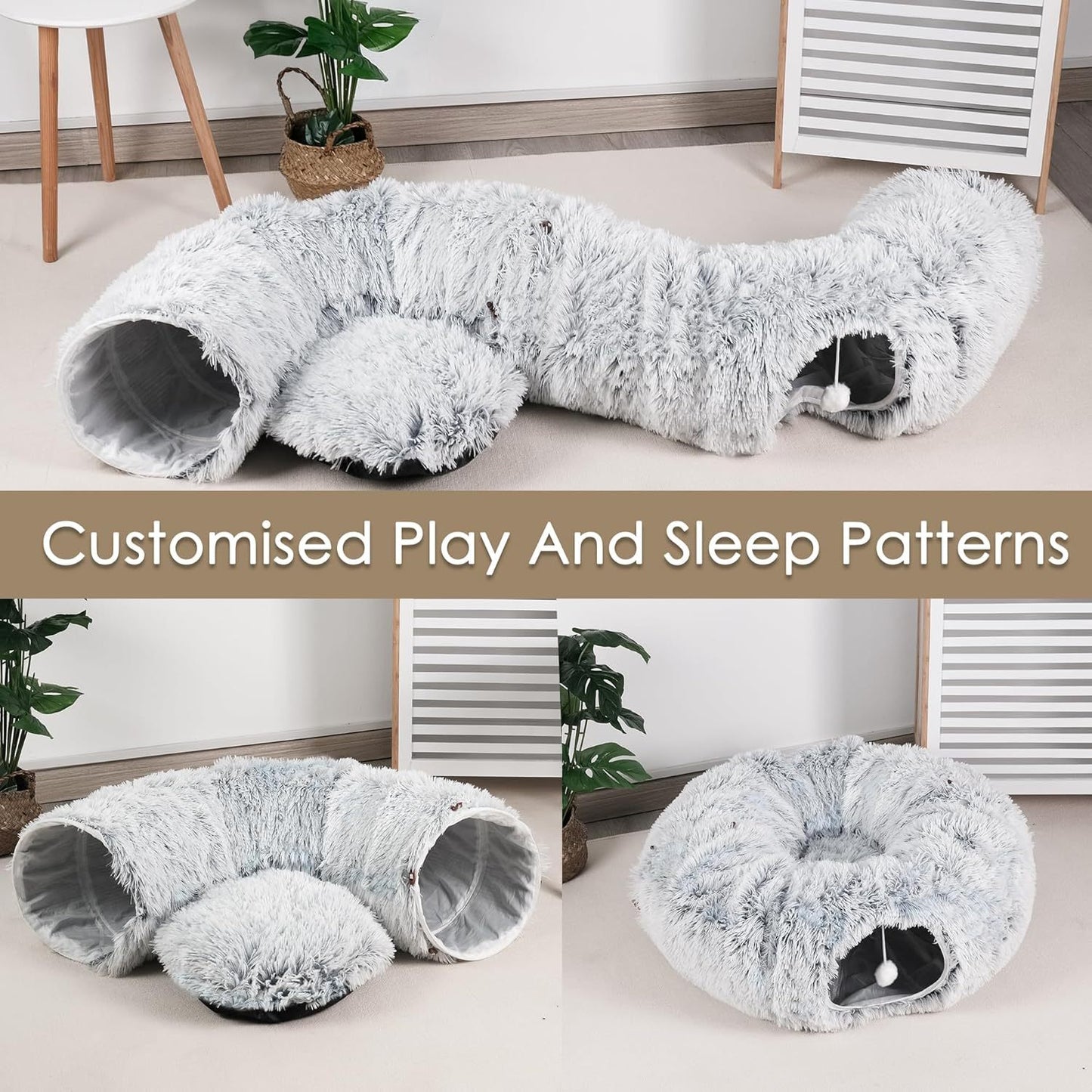 Lit tunnel pour chat pour chats d'intérieur Peekaboo Cat Cave avec tapis de jeu doux lavable Tube en fourrure pour chat pour chaton chiot lapin gris