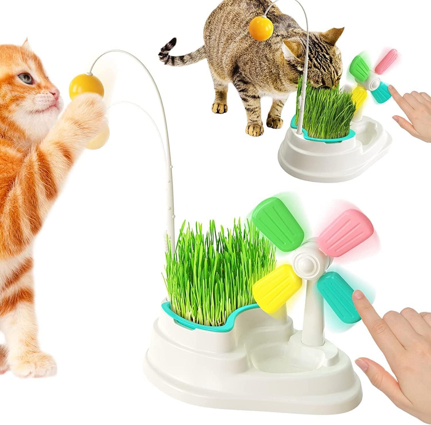 Juguete interactivo para gatos de interior con maceta de hierba para gatos, kit de juguetes multifuncionales para gatos, molino de viento de base grande, juguete interactivo para gatos