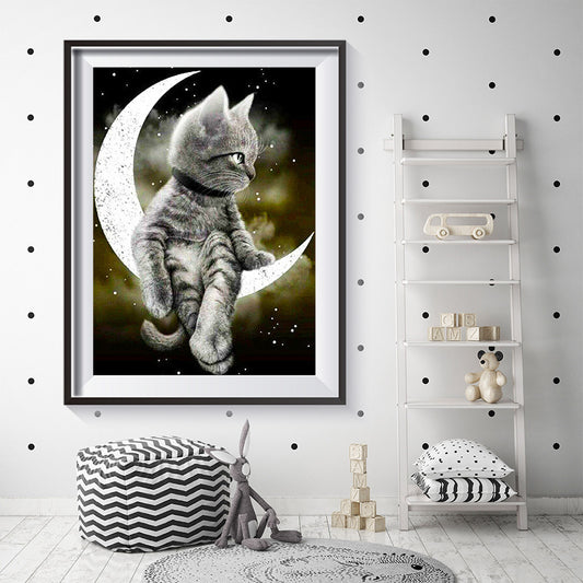 YI Bright-pintura de diamante 5D artesanal, mosaico de diamantes de gato, Luna, bordado de diamantes de imitación redondos y cuadrados, animales, decoración del hogar