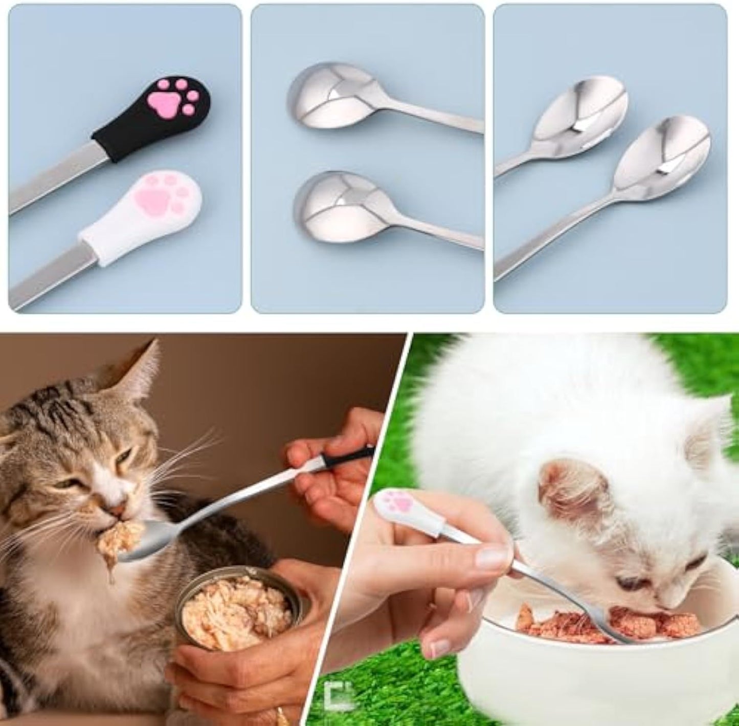 2 cucharas para perros y gatos, cuchara de acero inoxidable para comida húmeda, cuchara de mango largo para comida de gatos, cuchara para comida de perros y gatos, color blanco y negro